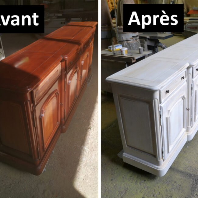 Relooking buffet Louis Philippe merisier en blanc patiné