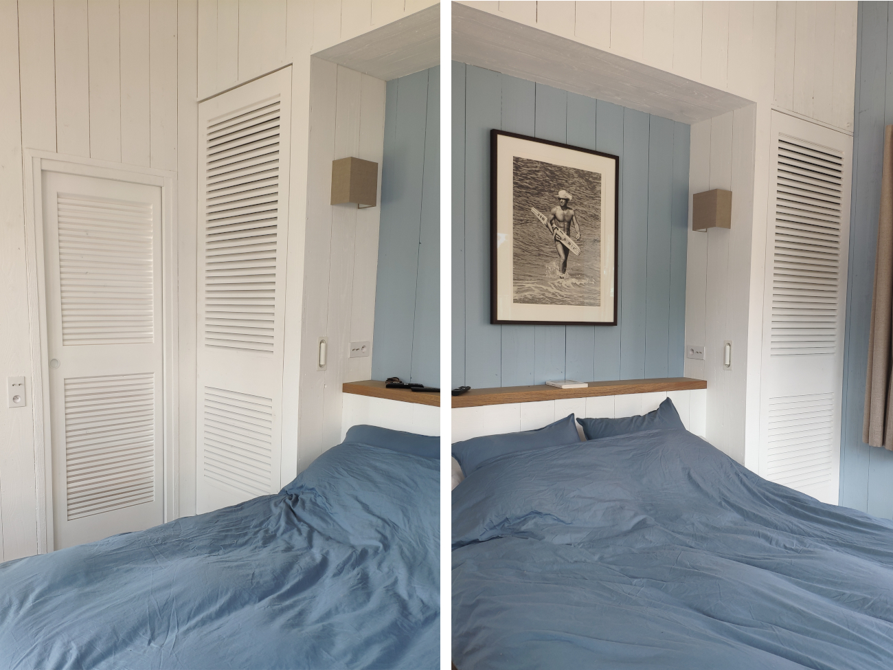 Chambre à coucher : agencement avec meuble tv, portes persiennes et placard en hêtre et chêne massifs