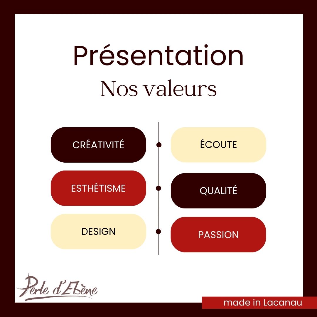 Nos valeurs : créativité, esthétisme, qualité, écoute, design et passion