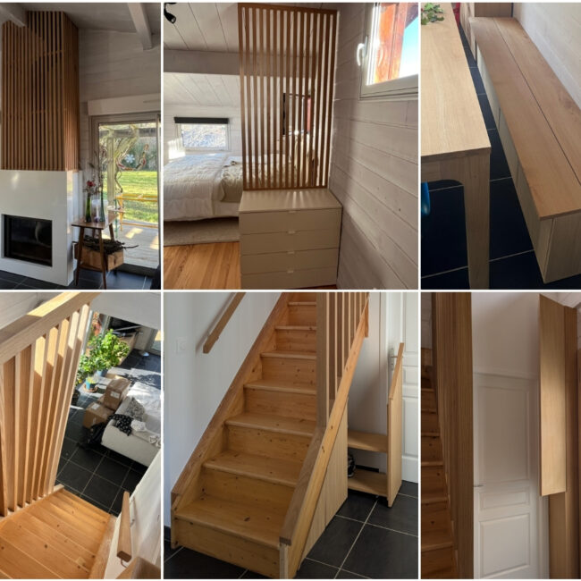 Claustras, agencement sous escalier, rambarde, garde-corps, banquette en chêne