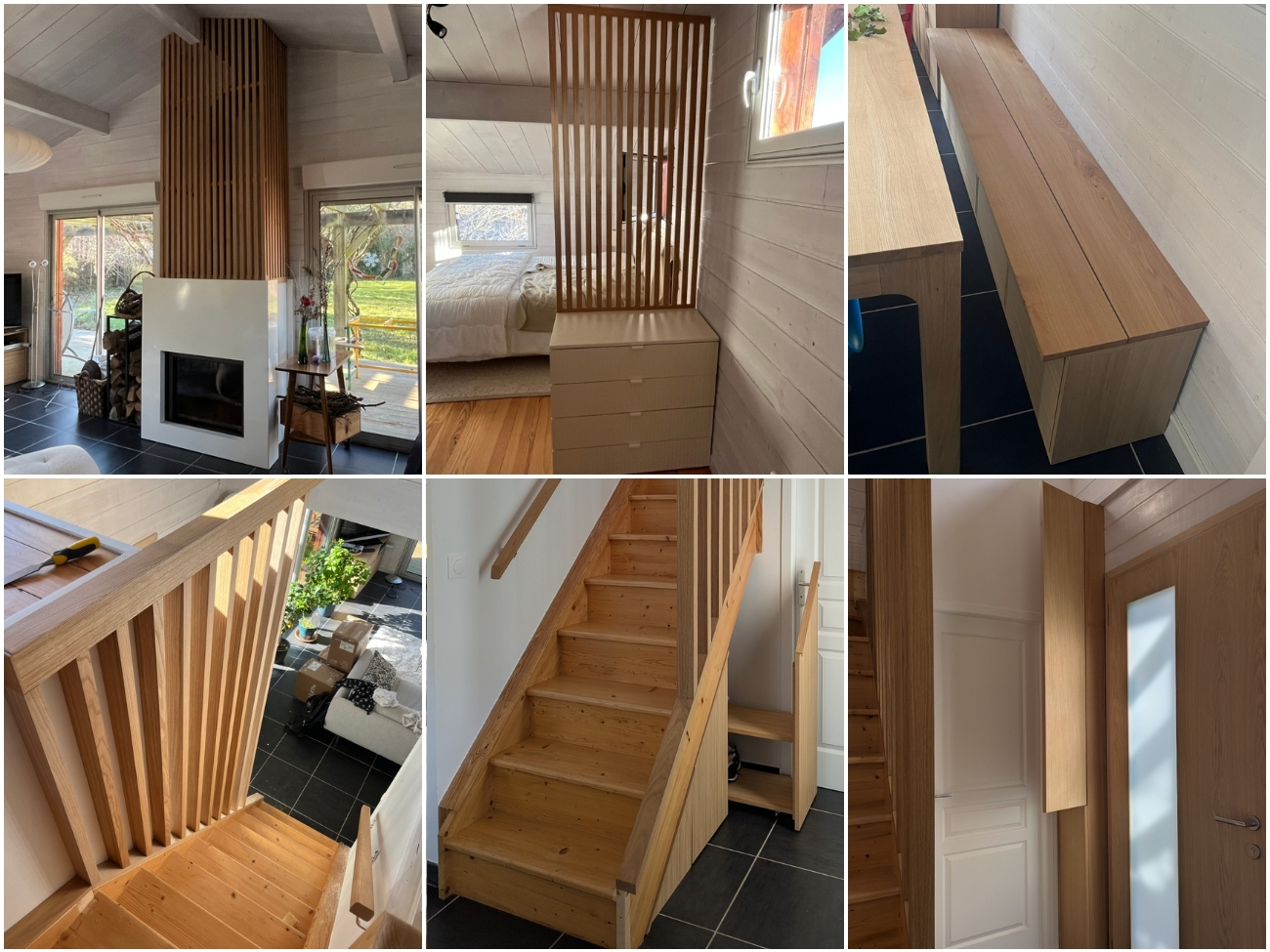 Claustras, agencement sous escalier, rambarde, garde-corps, banquette en chêne