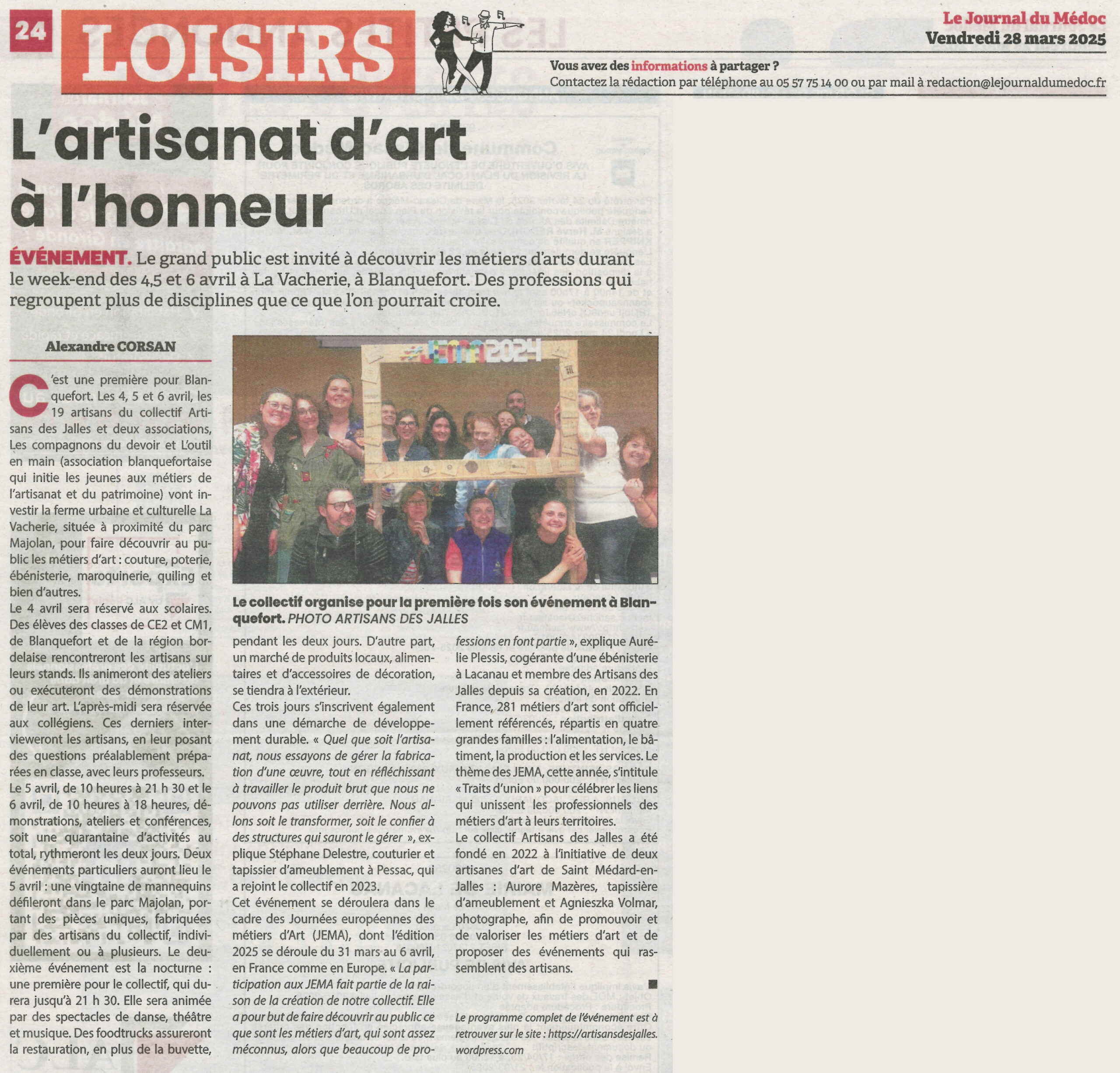 JEMA Journal du Médoc 28 mars 2025 les Artisans des Jalles