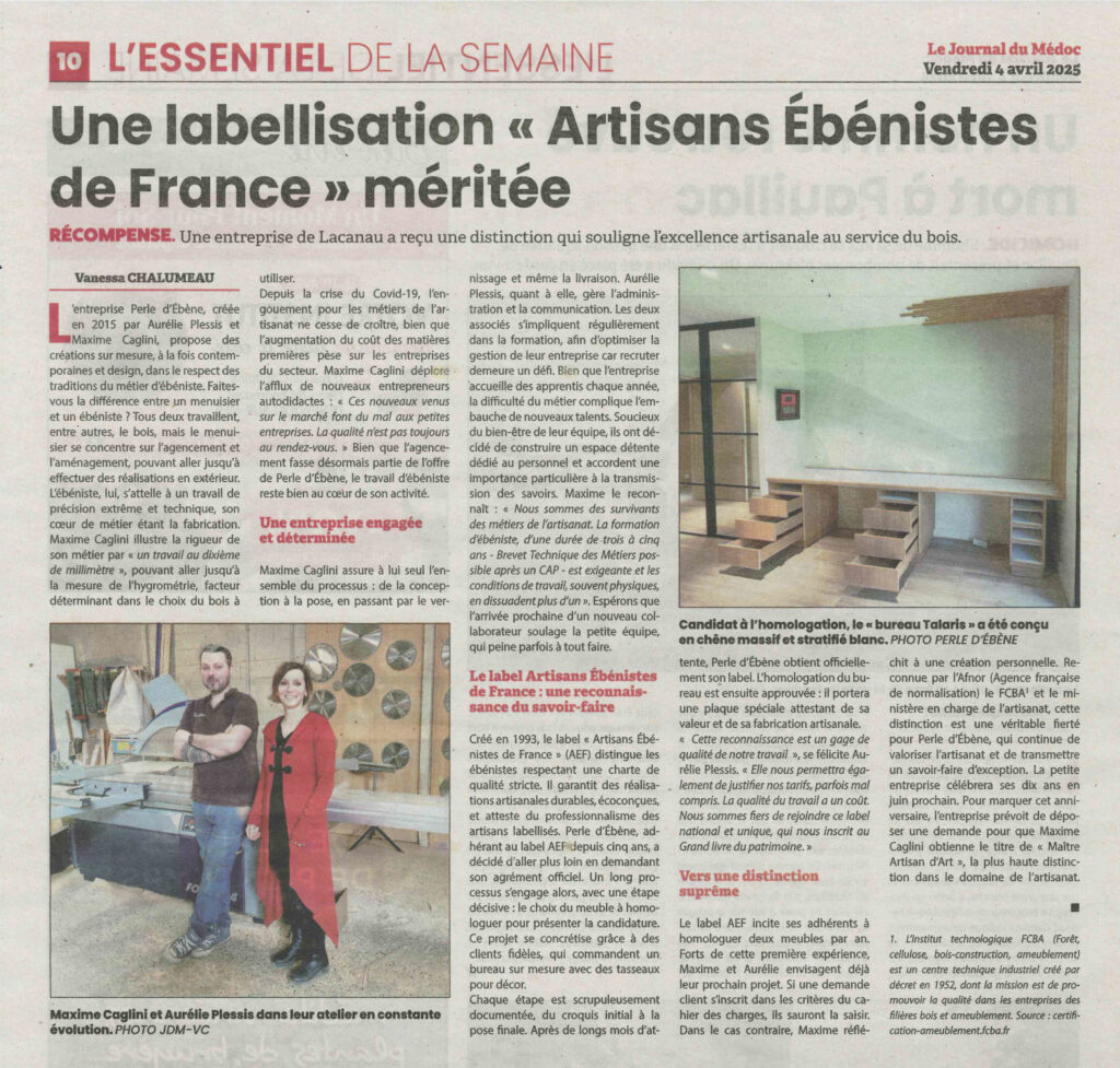 Labellisation Artisans Ébénistes de France Journal du Médoc 4 avril 2025