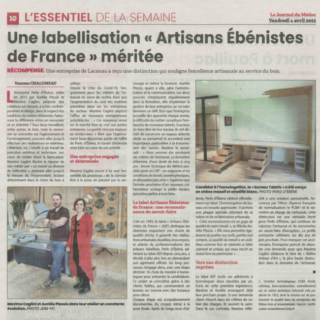 Labellisation Artisans Ébénistes de France Journal du Médoc 4 avril 2025